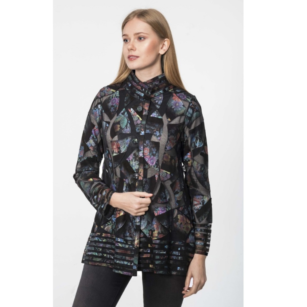 Floral print lambskin leather and mesh 28″ jacket